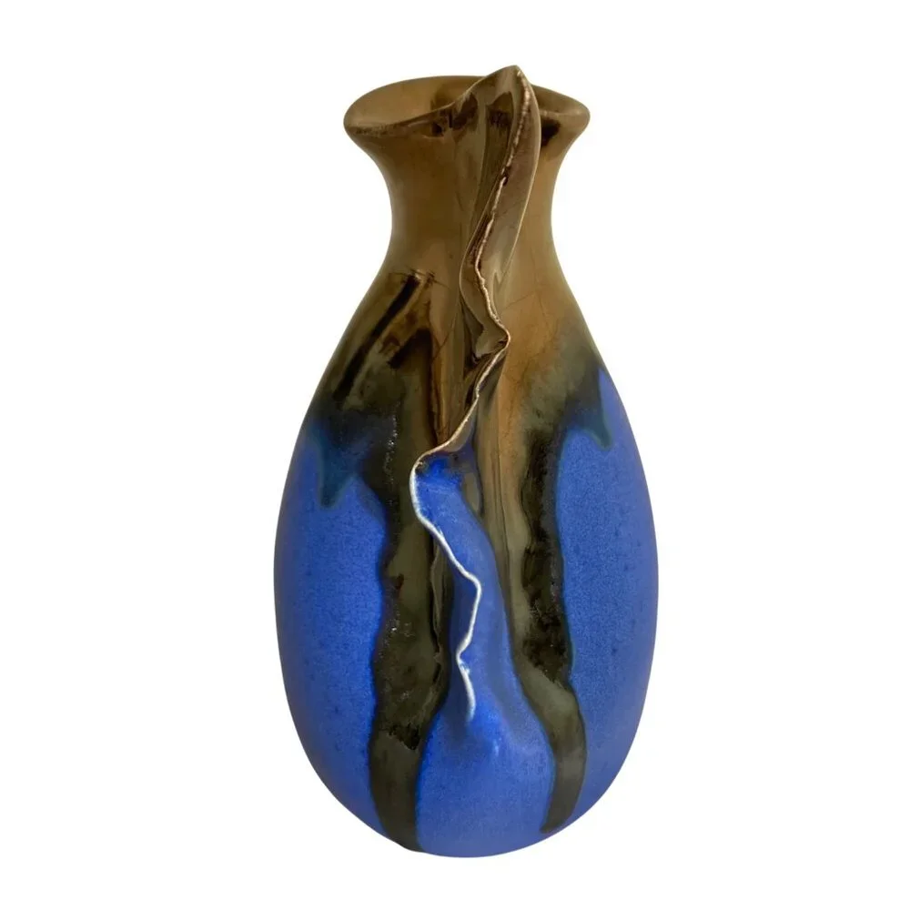 Retsis Bros Pottery Greek Hellas Metallic Golden Bronze And Blue Vase